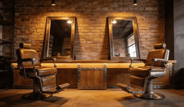 Modern barbershop with vintage leather chairs and brick wall
