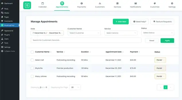 Appointments listing BookingPress screen