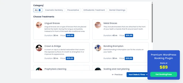 booking form with category and details