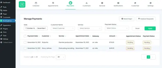 BookingPress payments screen