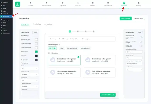Booking wizard BookingPress screen