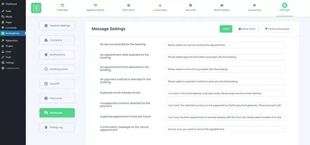 Messages appointment plugin BookingPress screen