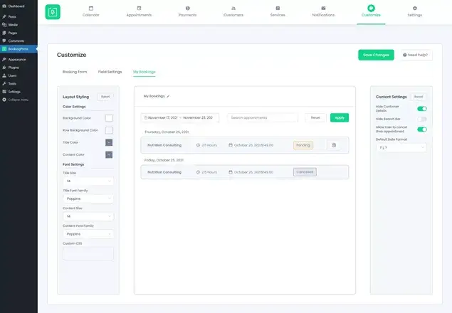 My booking customization screen