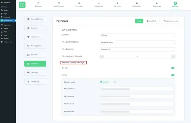Payment processing BookingPress screen