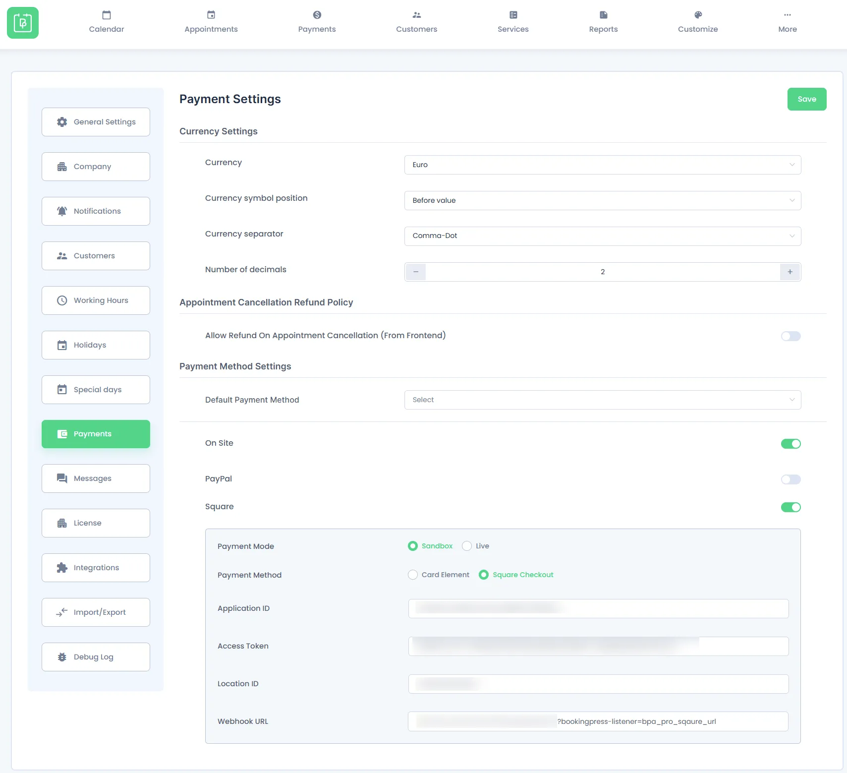 Square Payment Settings