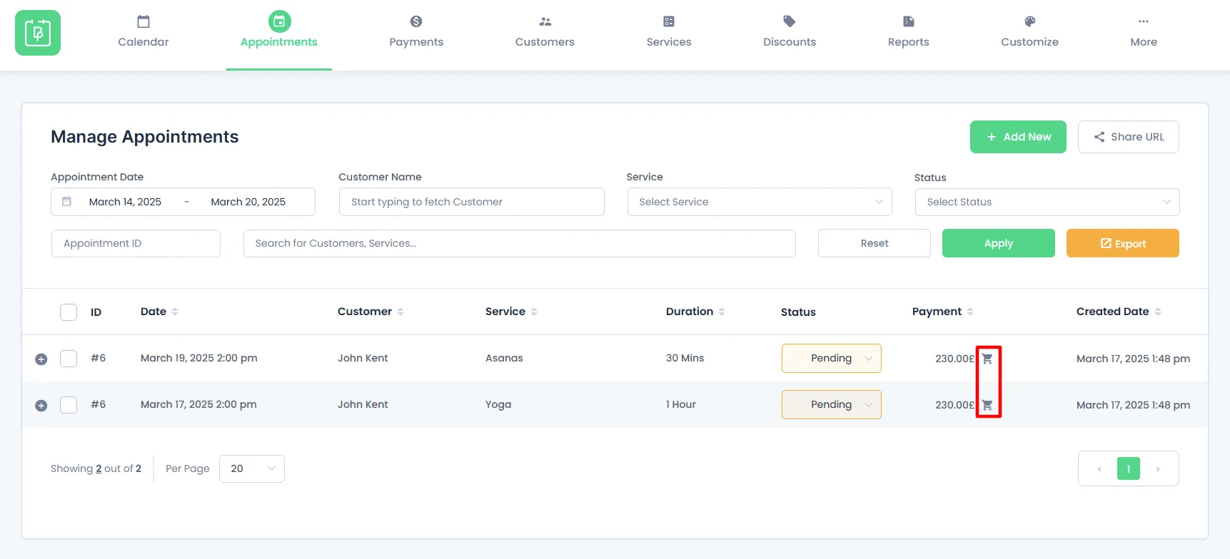 Manage Cart Appointments