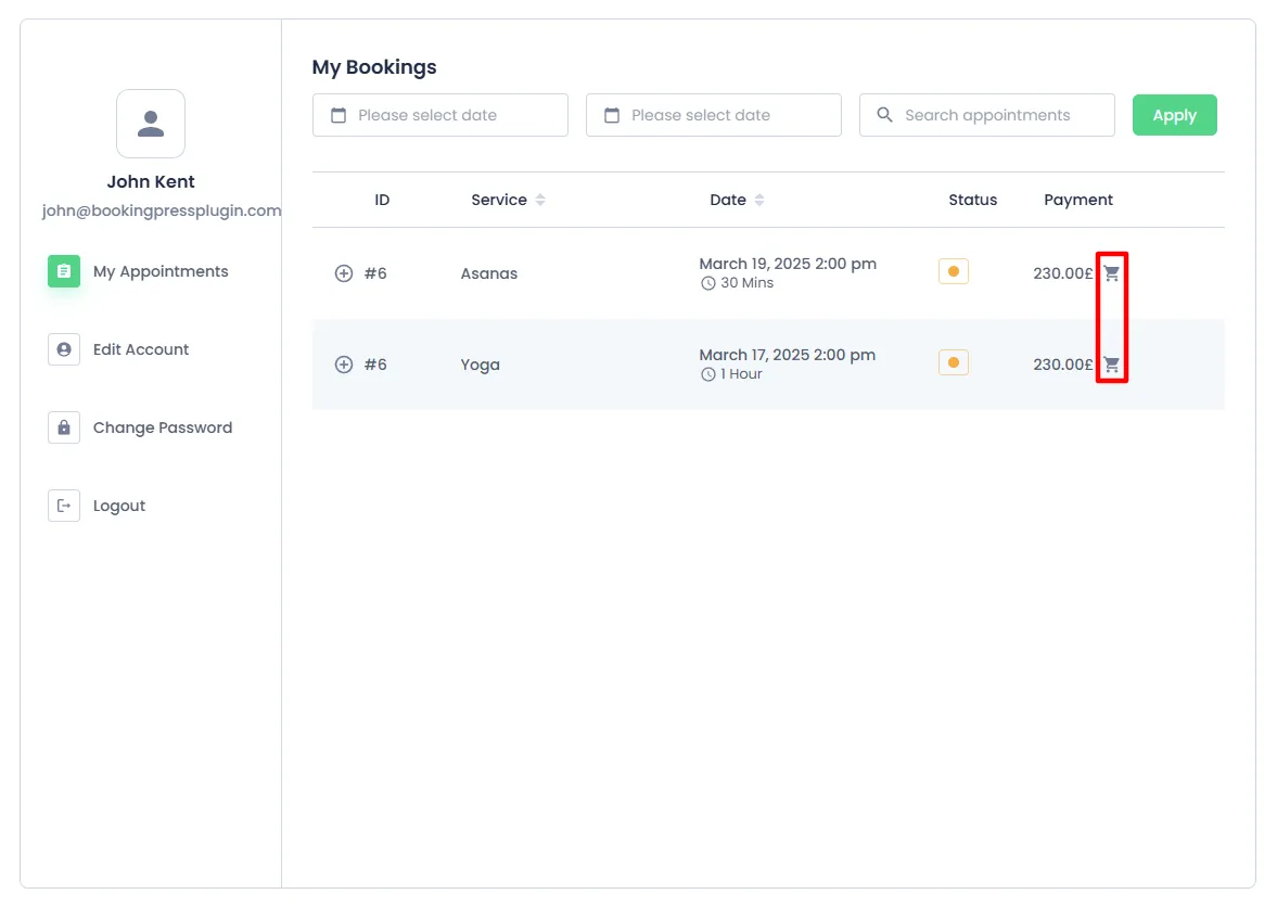 Customer Panel and Cart Appointments