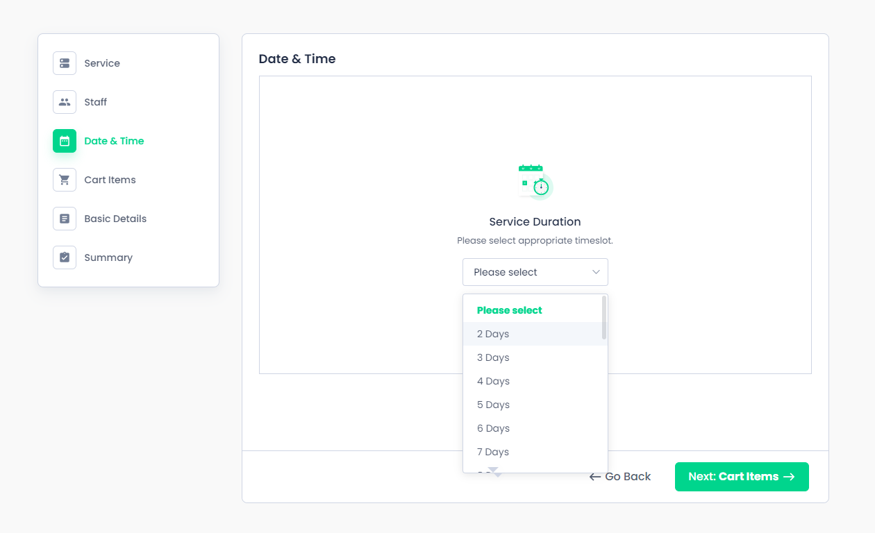 custom service duration for days