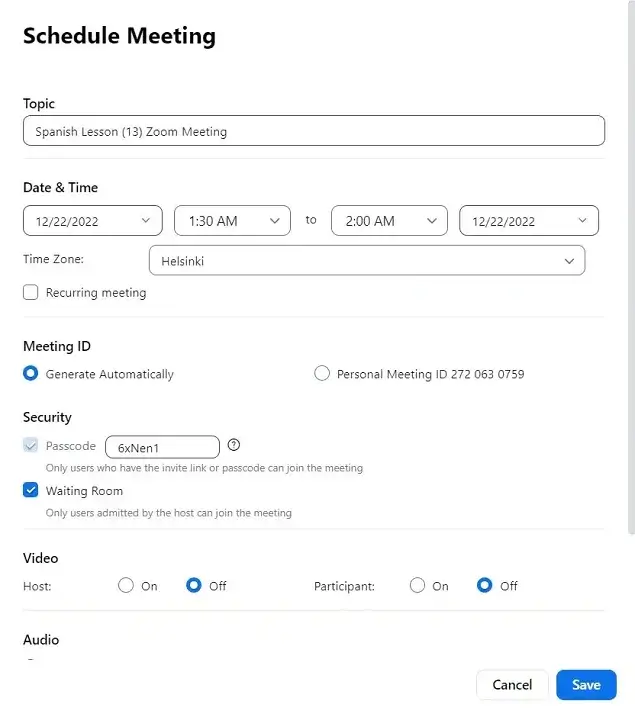 zoom meeting schedule settings