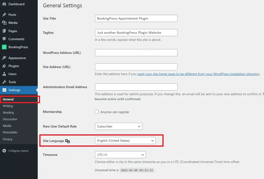 bookingpress change site language