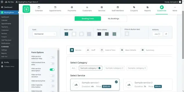 bookingpress customization settings