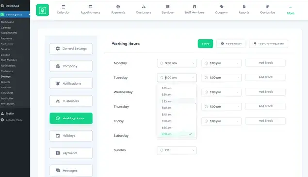 add working hours in fitness booking