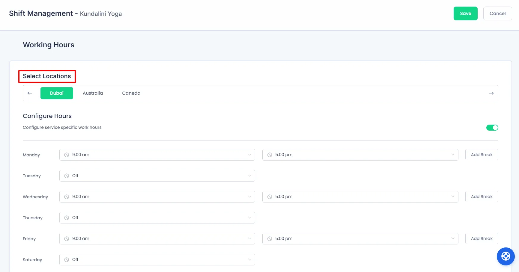 Select the Service wise location