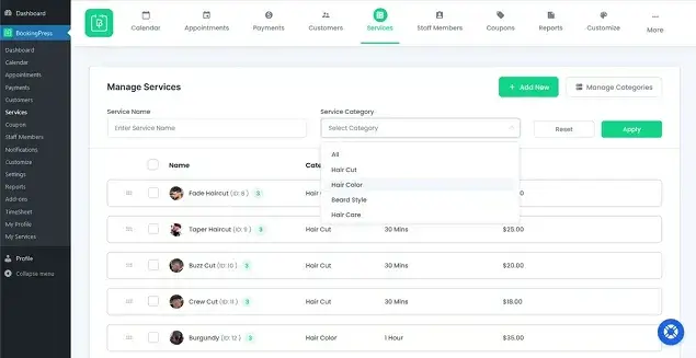 create a list of nail services using the service category