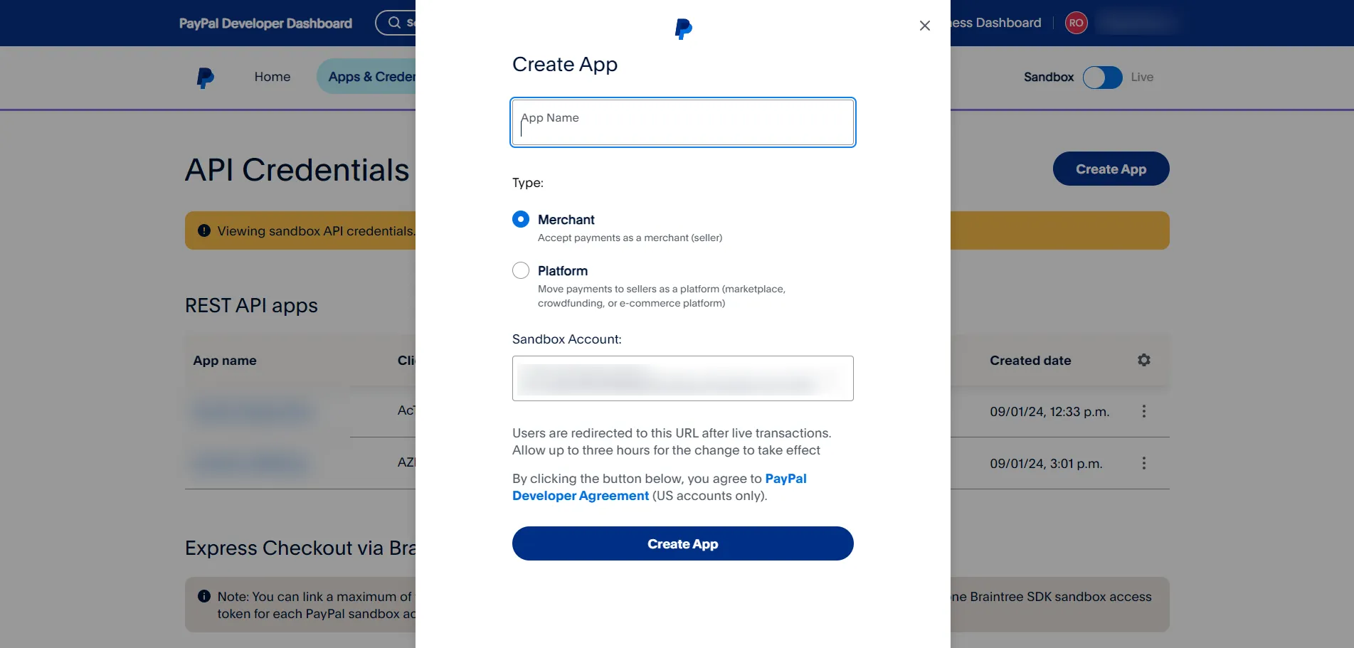 create PayPal app