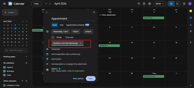 set recurring google calendar