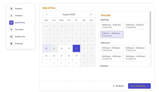 Booking forms calendar view with time slots