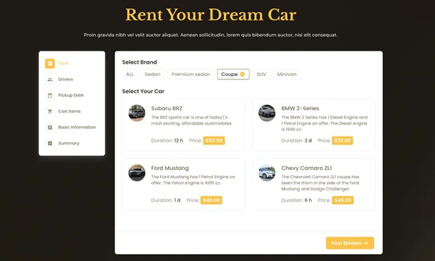 Car rental services booking form examples