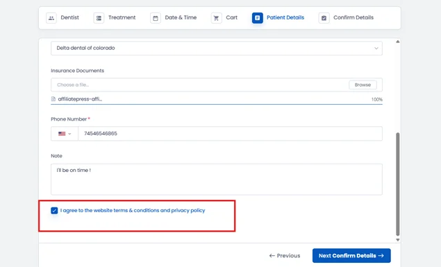 booking policy acceptance checkbox