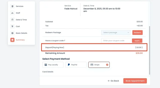 booking summary with deposit details