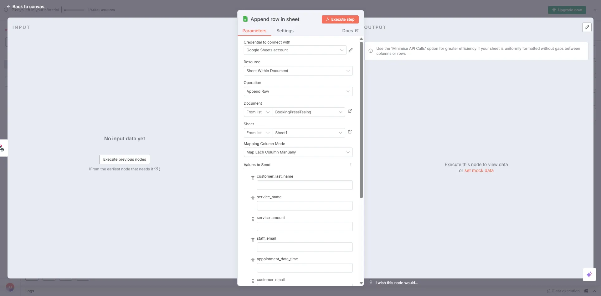 Google Sheets Parameters settings