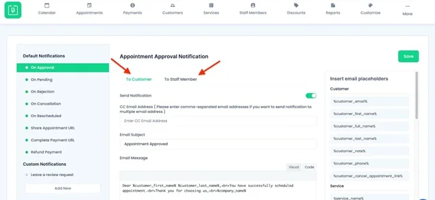 notification setting for customer and staff