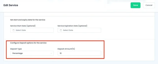 set service deposit payment setting