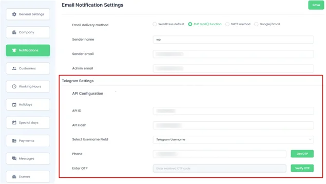 telegram notification setting