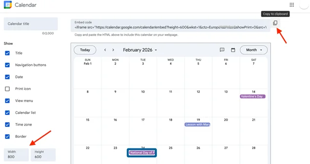 copy google calendar embed code