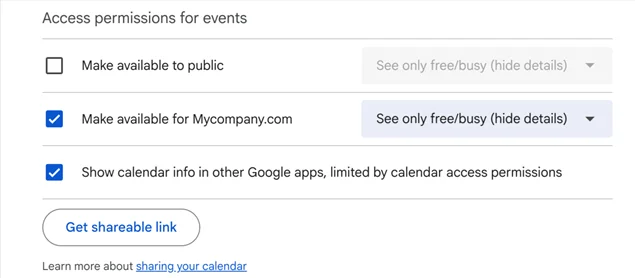 google calendar shareable link settings