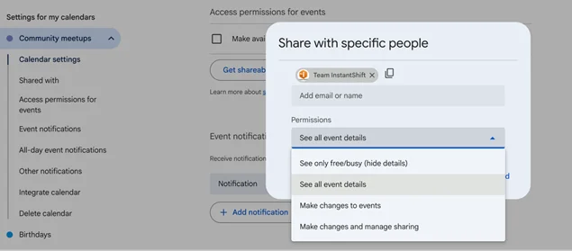 setect google calendar share permission