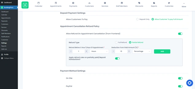 set cancellation refund policy in bookingpress