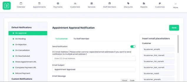 Appointment approval notification settings
