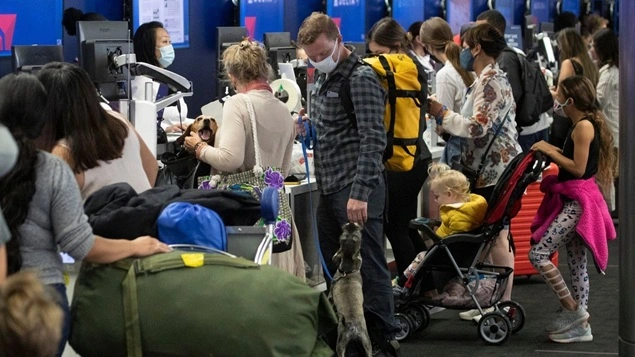 Busy airport check-in counter