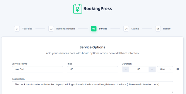 bookingpress service options 