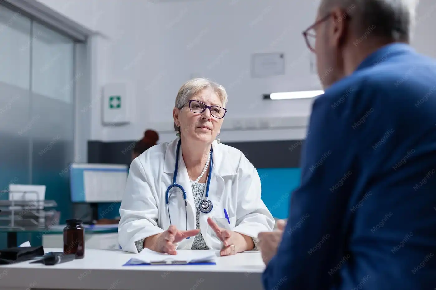 Doctor discussing a diagnosis with a senior patient during a clinic consultation