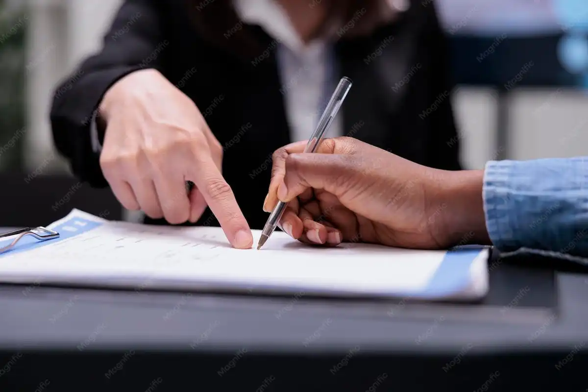 Patient filling in paper registration forms at a clinic reception desk